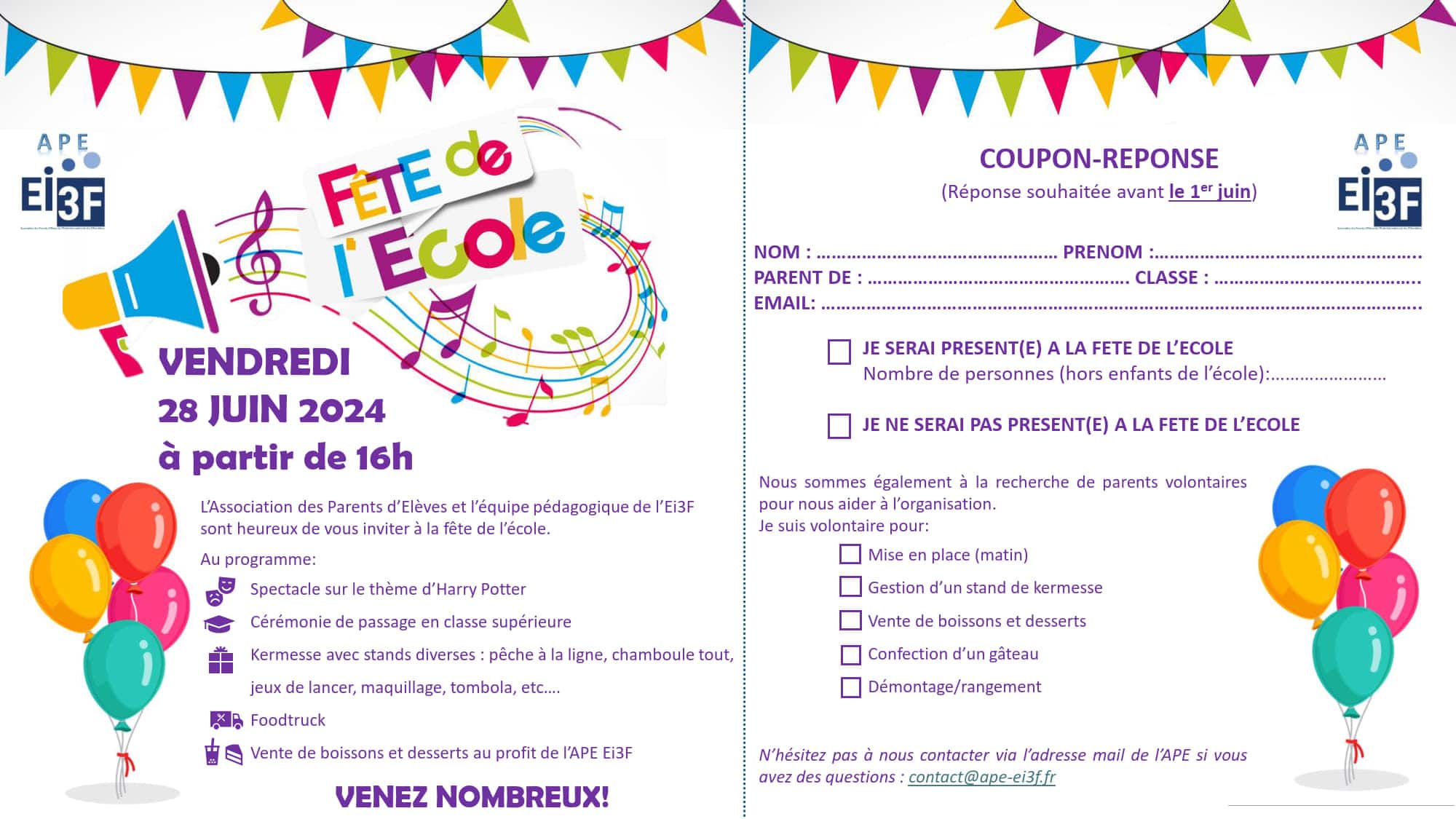 Fête de l&rsquo;école – coupon réponse